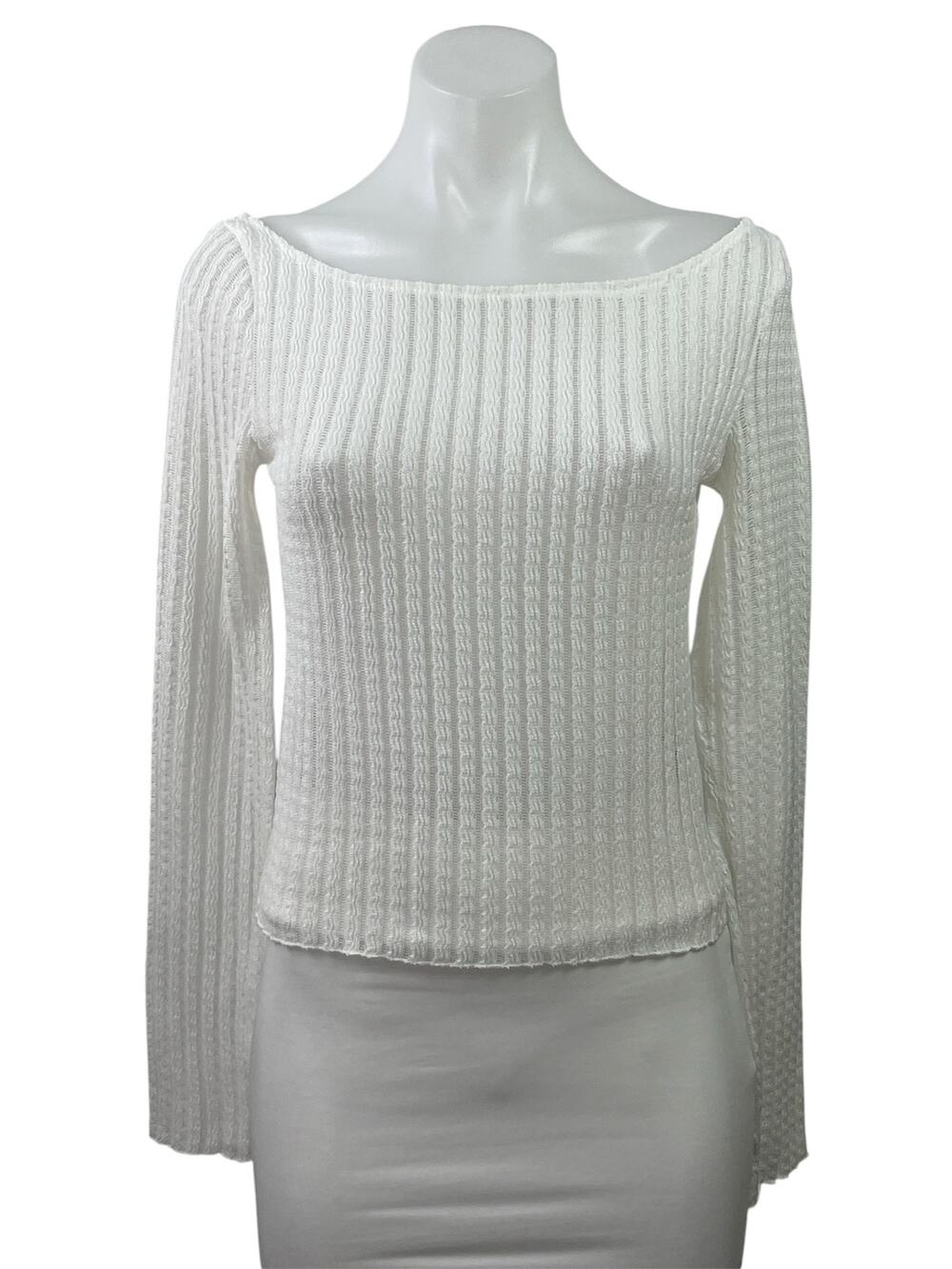 Edikted Womens White Ribebd Knit Boat Neck Long Sleeve Crop Sweater Top Size M